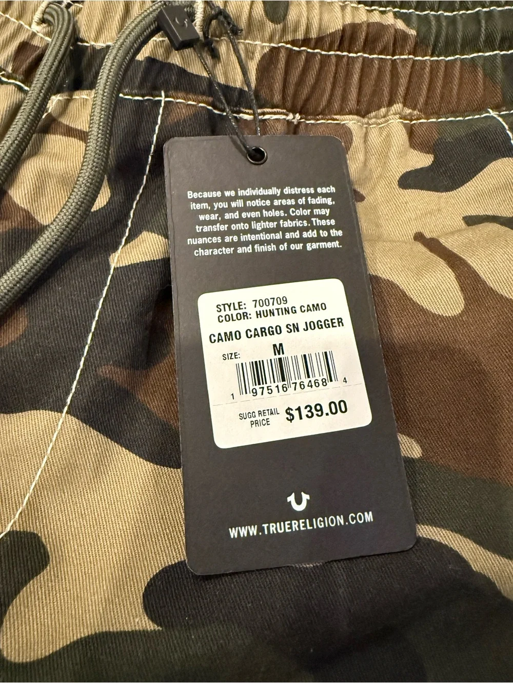 True Religion Camo Cargo Jogger Pants Hunting Camo Elastic Waist Men’s Small NWT